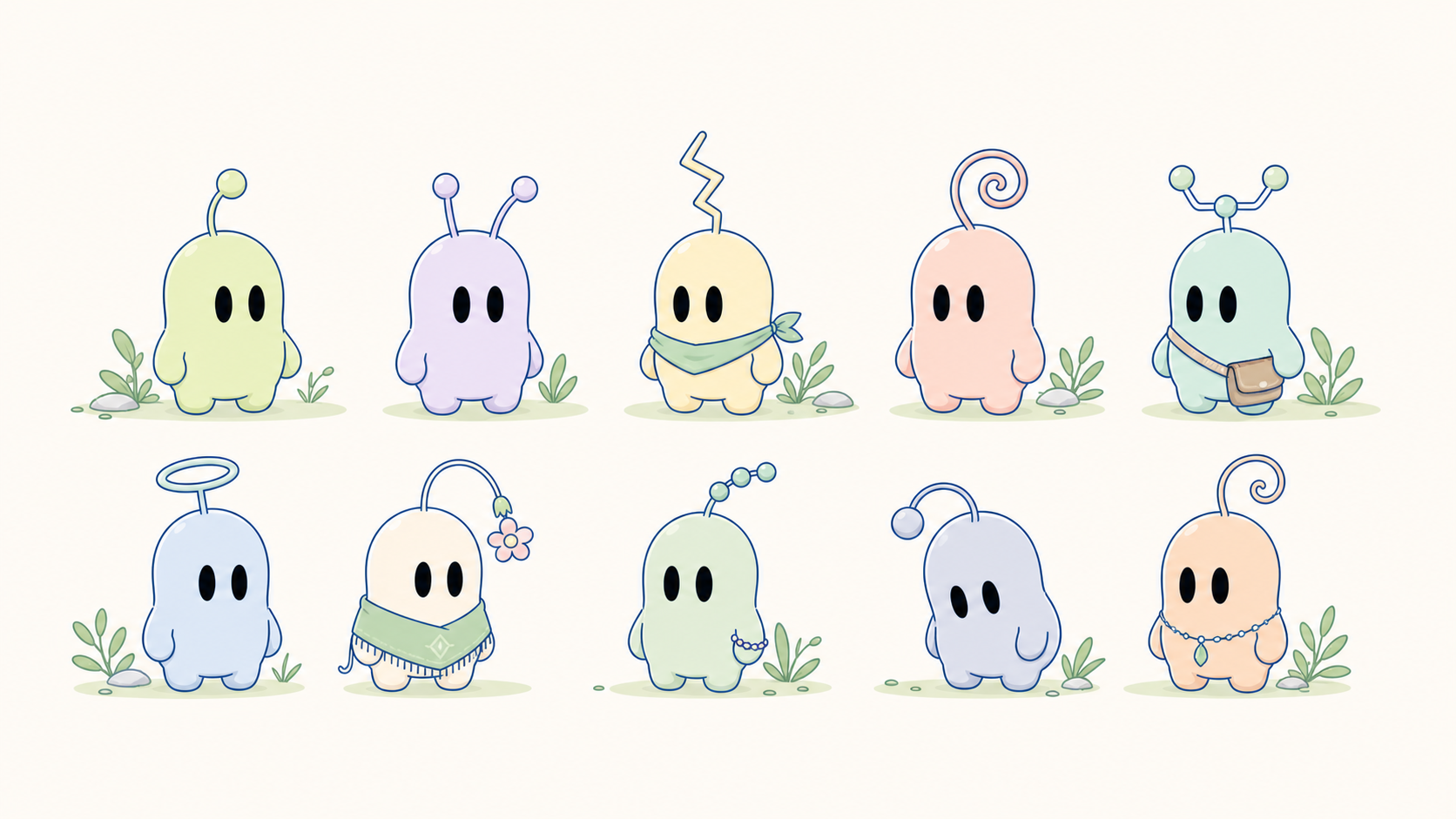 Vibby alien character lineup showing different colors and antenna shapes