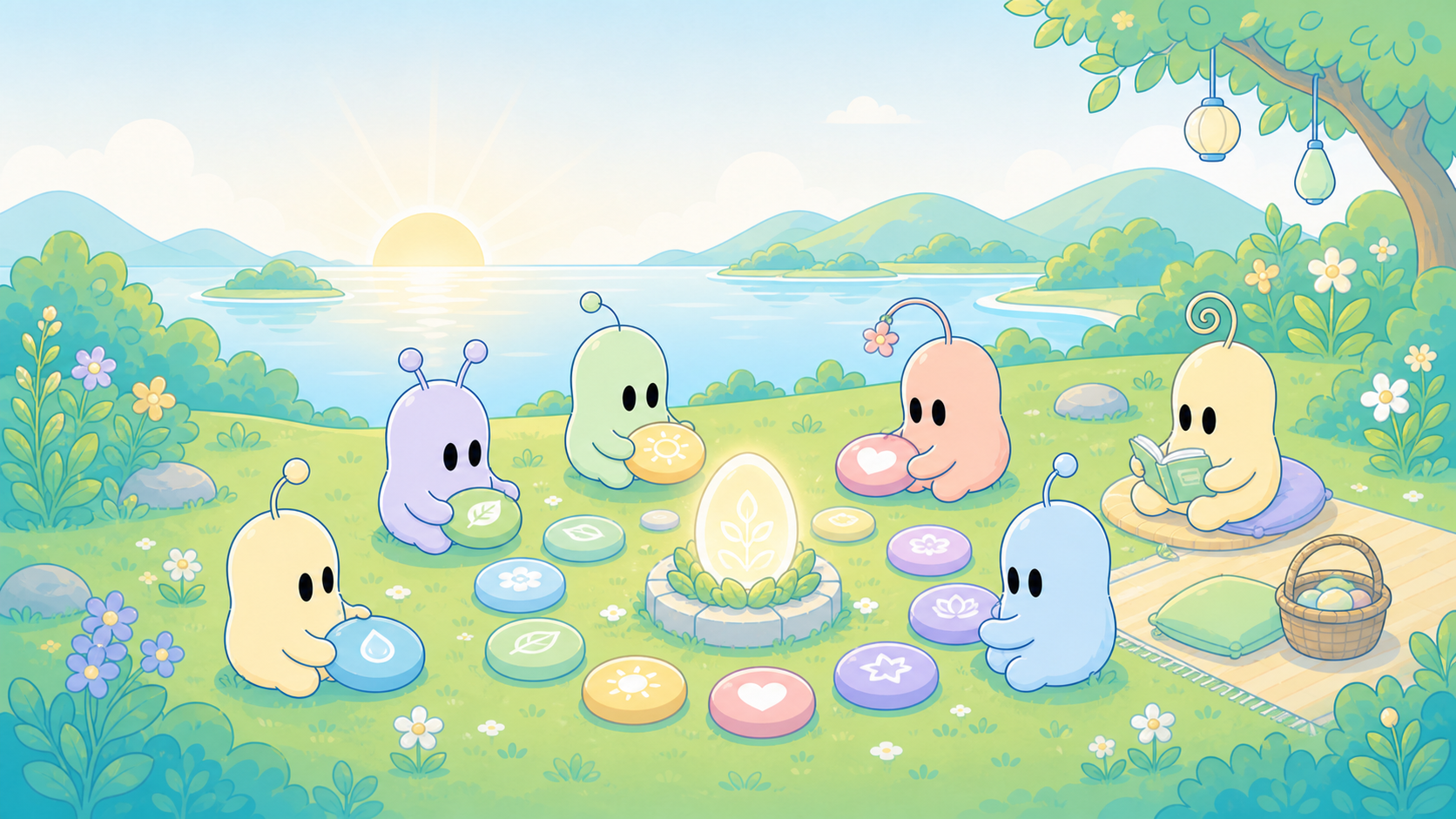 Vibelings calmly tending glowing habit stones by a lake