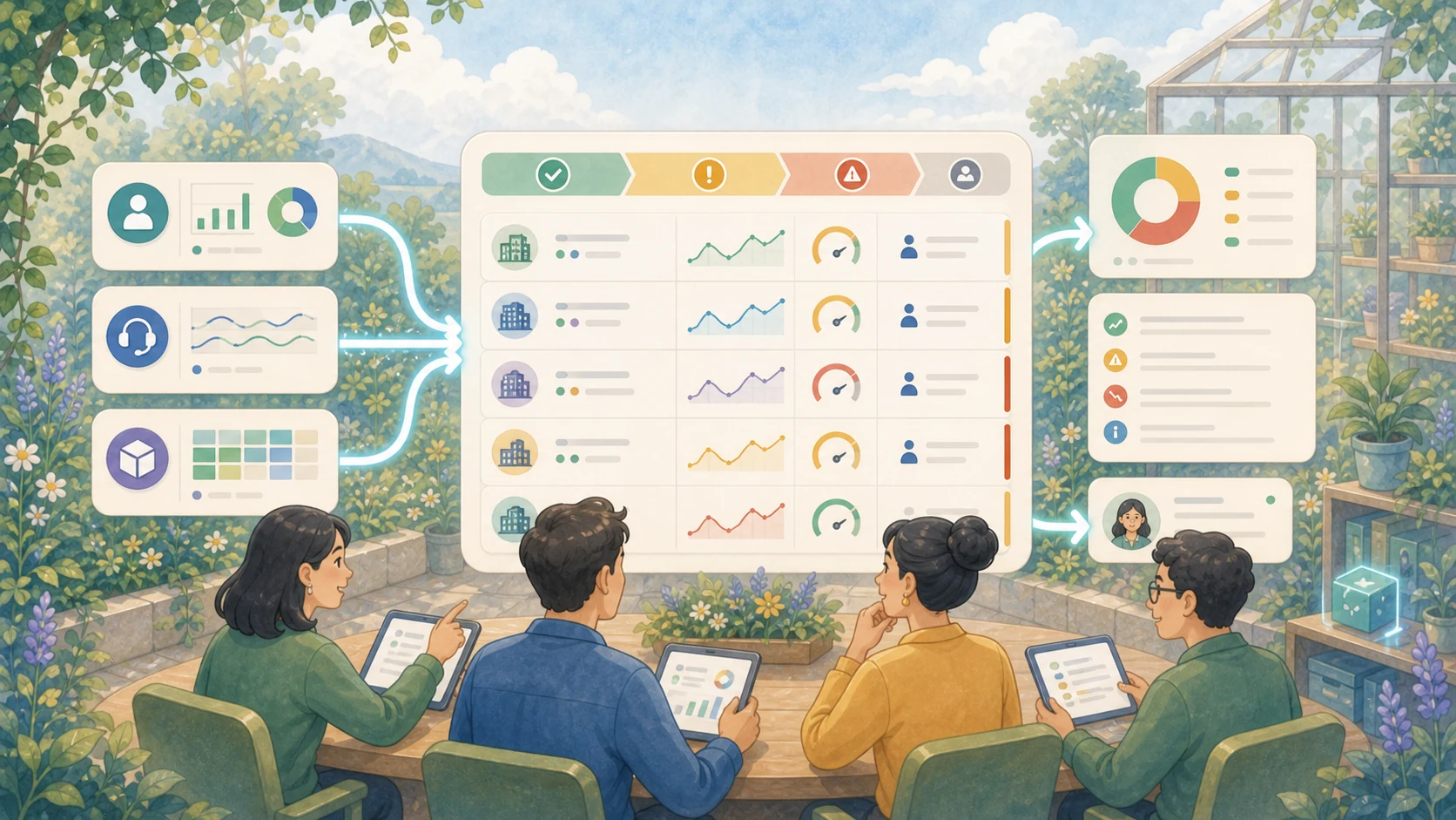 Generated visual of customer success signals converging into a renewal risk review queue