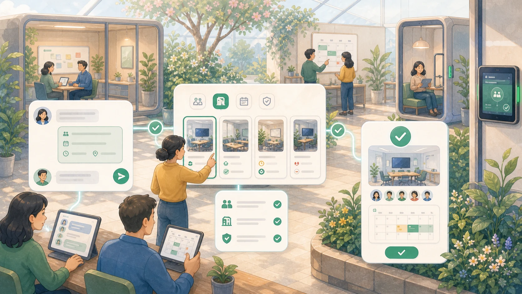 Generated visual of employees booking team-approved meeting rooms from a calendar workflow