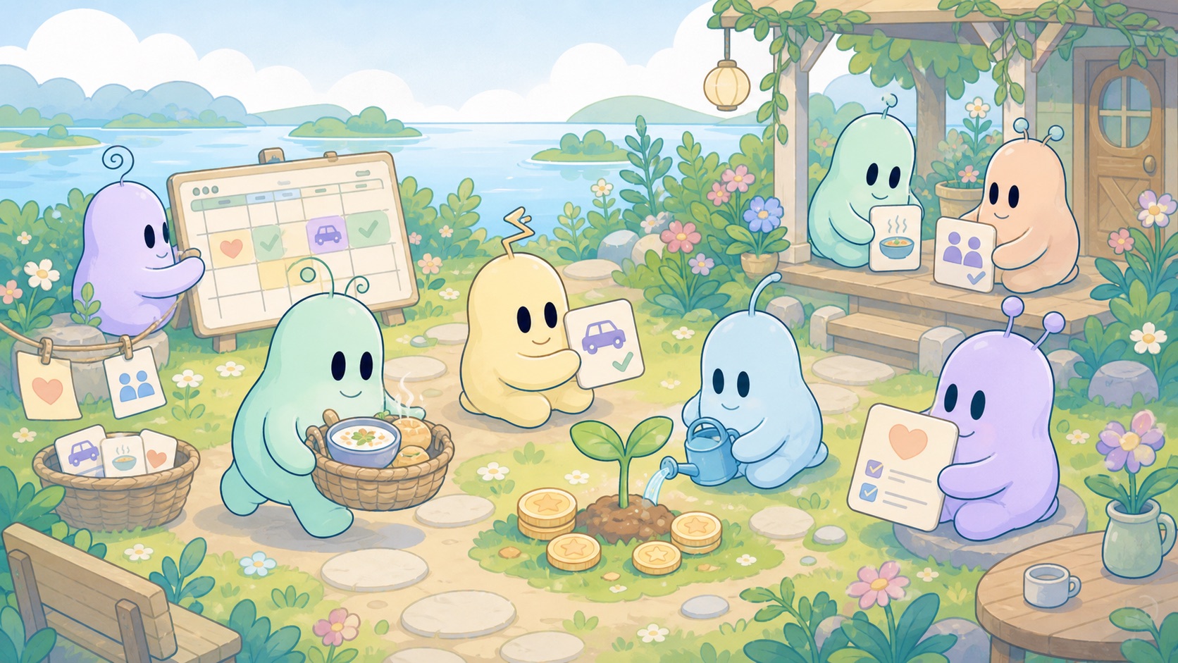 Vibelings coordinating care cards, soup baskets, check-ins, a sprout, and community coins on a garden path
