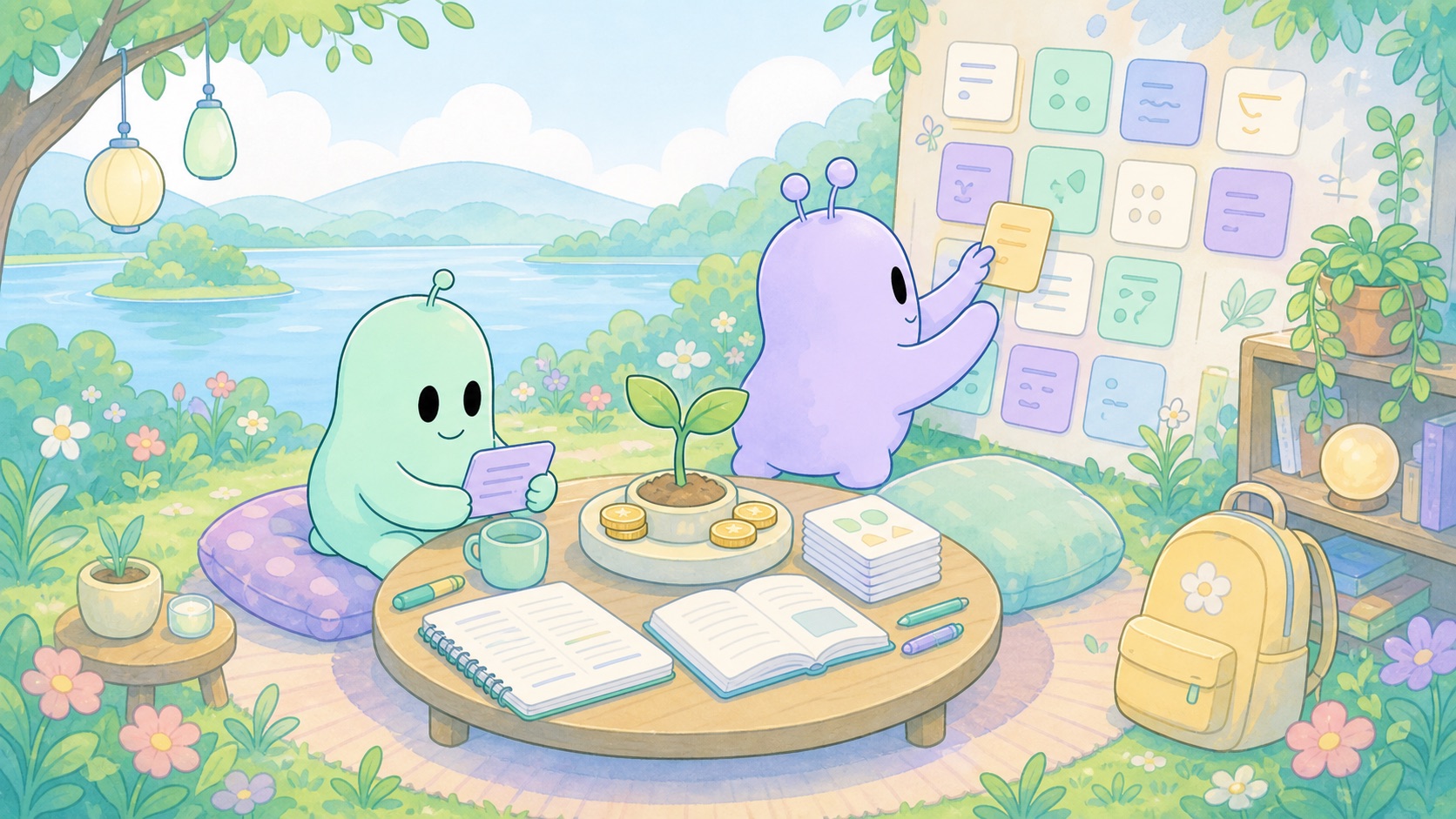 Vibelings studying flashcards and rearranging weekly schedule tiles beside a sprout and coins