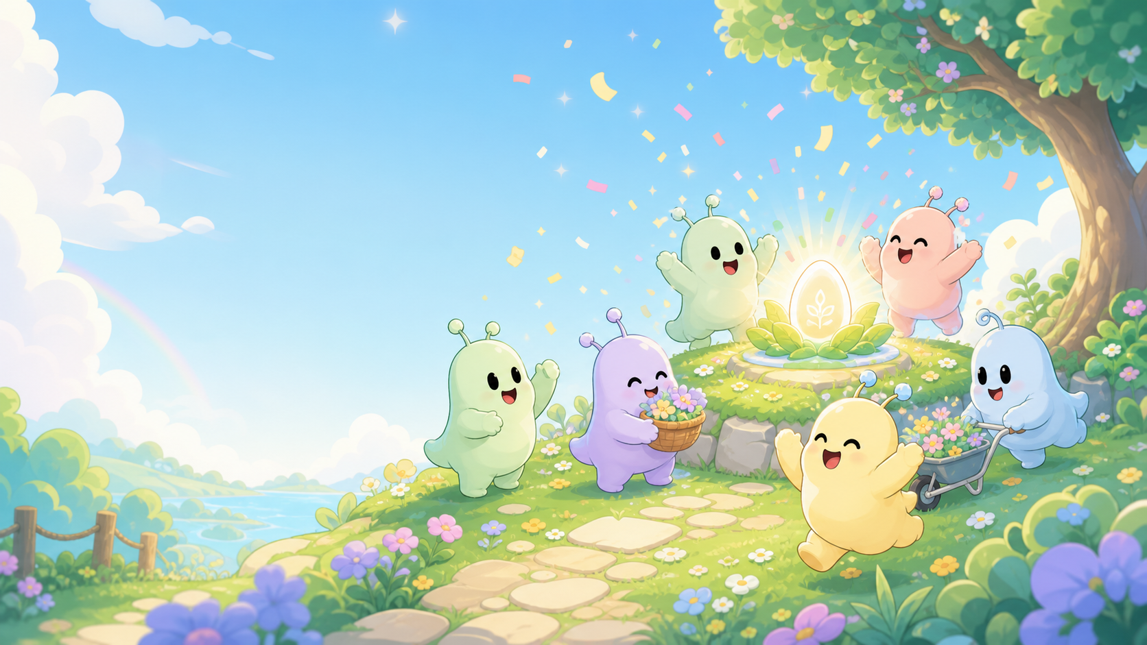 Vibby characters celebrating around a glowing app seed